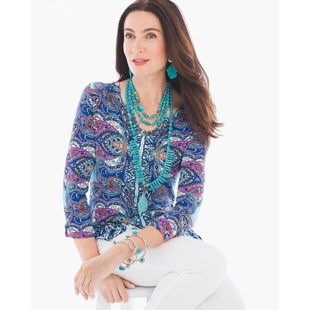 Chico's Blue Eclectic Paisley Print Side-Slit 3/4 Sleeve Tunic Top Women Sz 1 Md